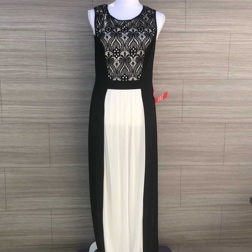 Connected Apparel Maxi Dress 10 Black White Lace Colorblock Gown TEH32647M